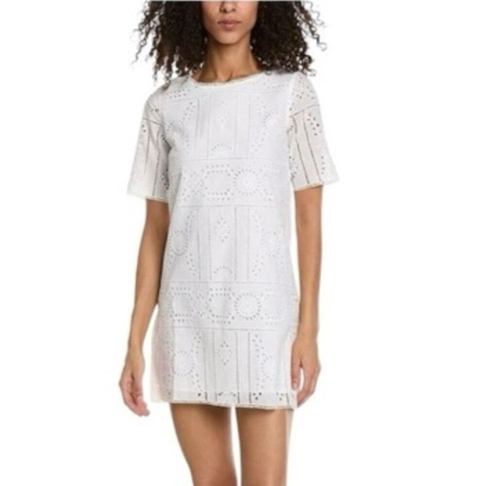 NWT The Kooples White Embroidered Eyelet Mini Shift Dress in white USA size 4